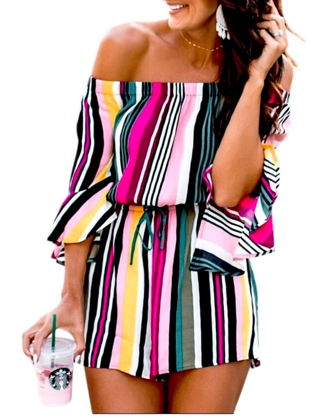 NWOT Express Rayon Striped Off Shoulder Romper XS Flutter Sleeves